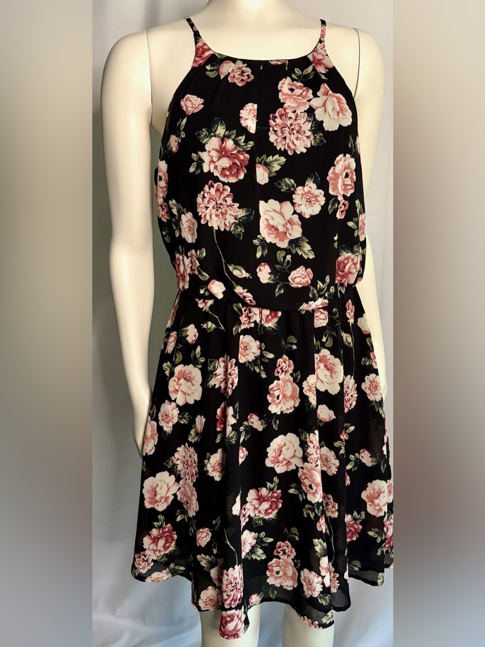 Blue Rain Black Midi Dress with Pink Floral Print